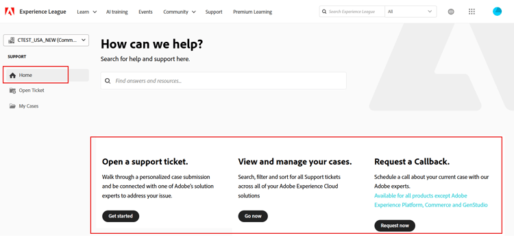 Experience league home menu