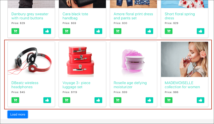 Sample image of a single-page application in a browser window, with example products displayed on an additional page.