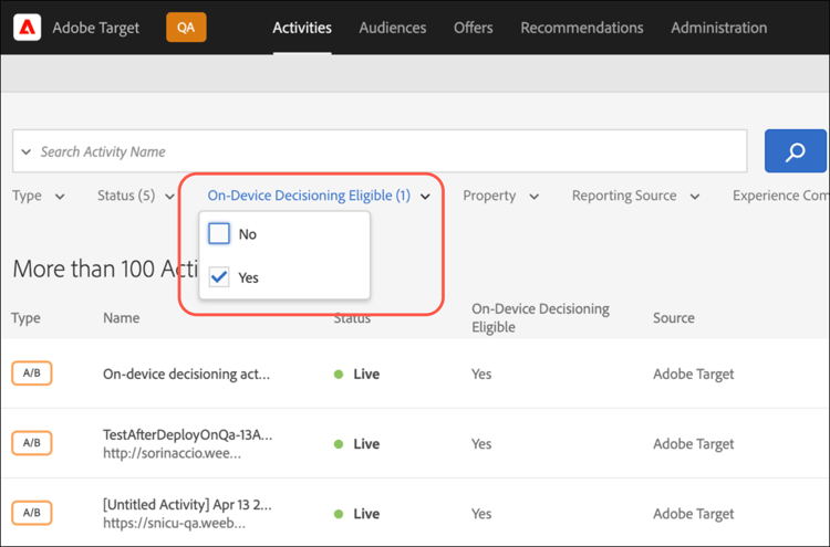 On-Device Decisioning Eligible filter on Activities page.