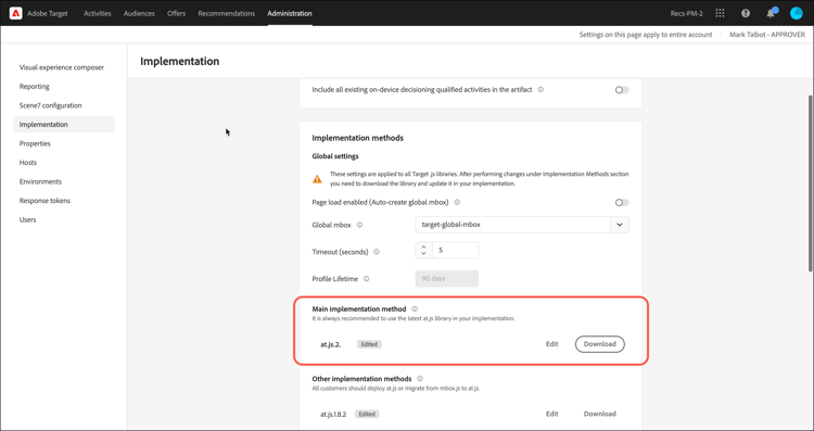 Edit Main Implementation Method settings
