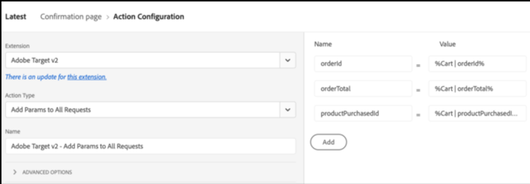 Action Configuration page