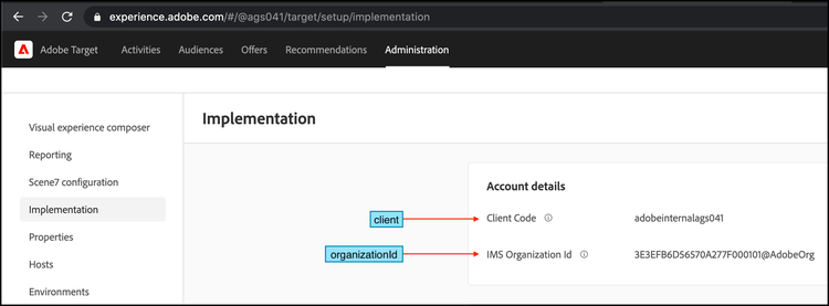 Implementation page under Administration in Target