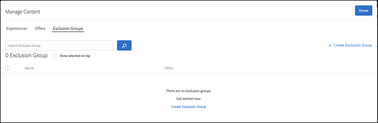 Manage Content > Exclusion Groups dialog box
