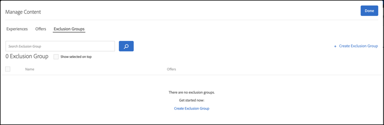 Manage Content > Exclusion Groups dialog box