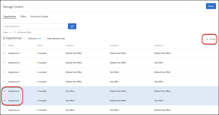 Batch exclude experiences