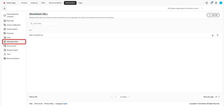 Allowlisted URLs page showing URL list, search field, and Add URL control