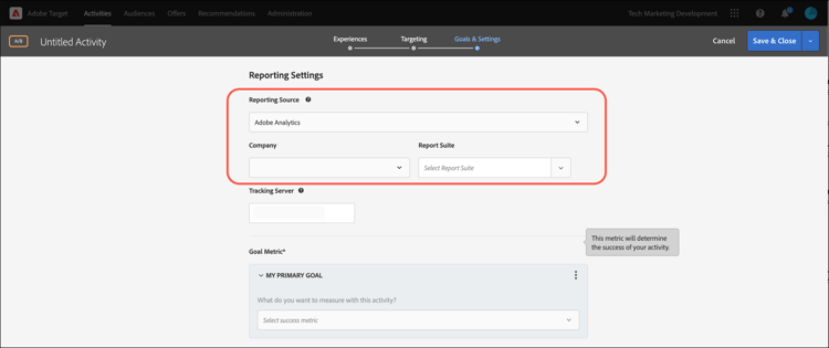 Reporting Source section on Goals & Settings page