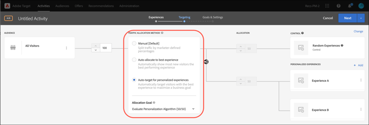 Traffic Allocation Methods options: Manual, Auto-Allocate, and Auto-Target