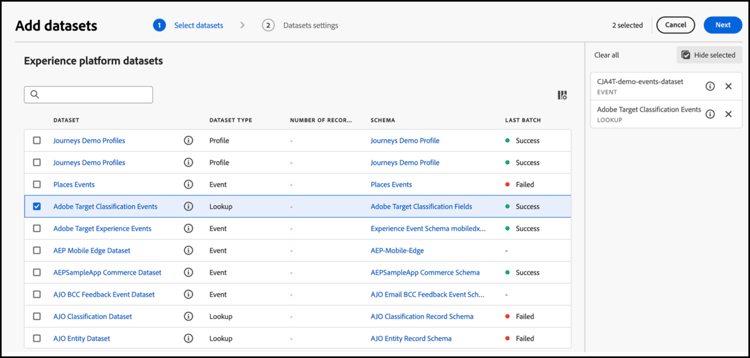 Add data sets dialog box in Customer Journey Analytics