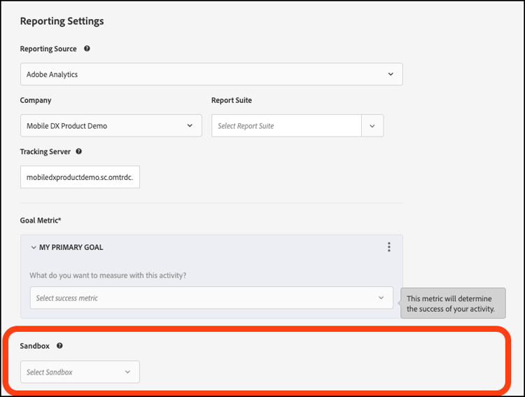 Sandbox option in the Reporting Settings dialog box