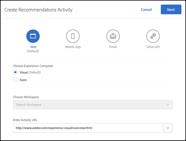 Create Recommendations Activity dialog box
