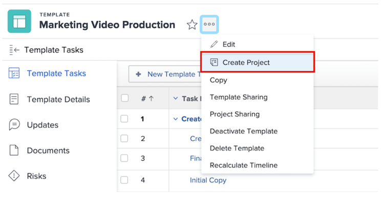 Create project option in menu