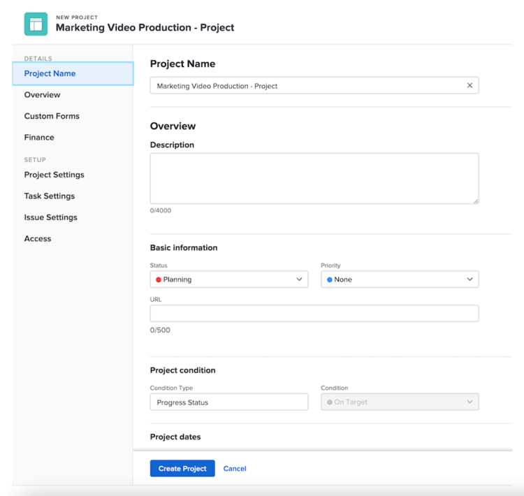 Project creation page