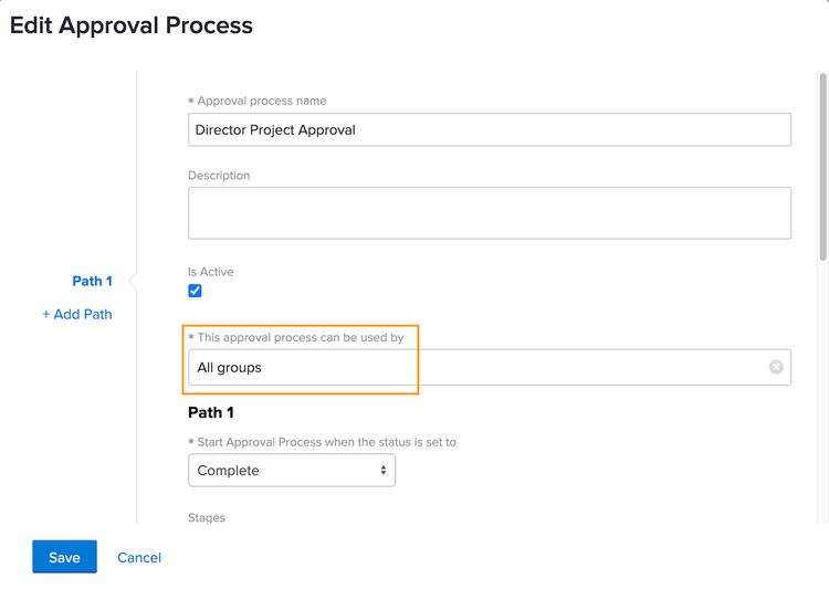Edit Approval Process window with group field highlighted
