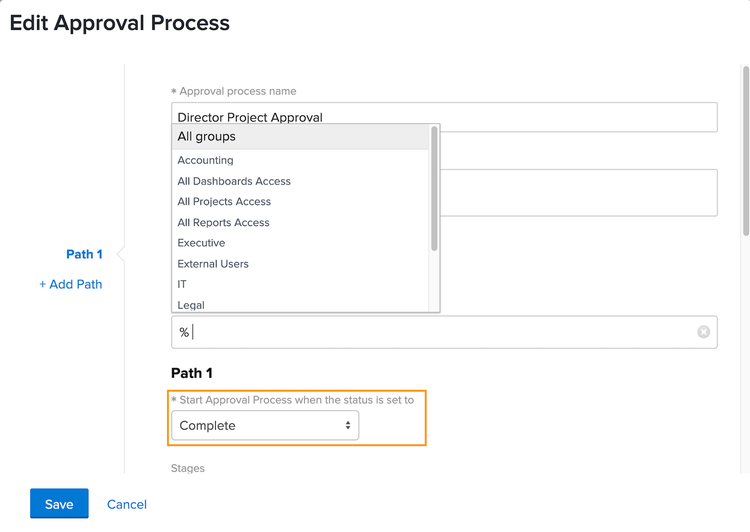 Edit Approval Process window with status field highlighted