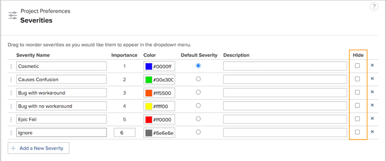 Hide column highlighted on Severities page in Setup