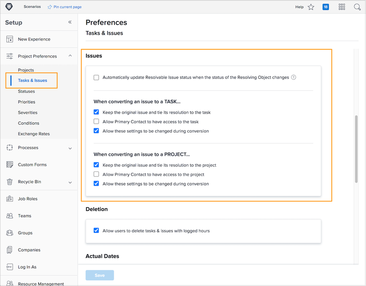 Tasks & Issues preferences window with Issues section highlighted