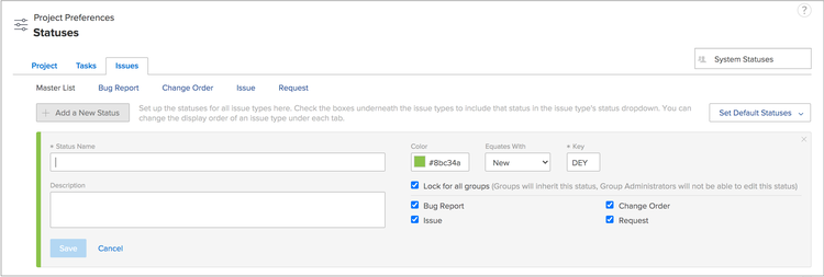 New status window on Statuses page