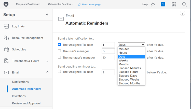 Automatic Reminders window in Setup