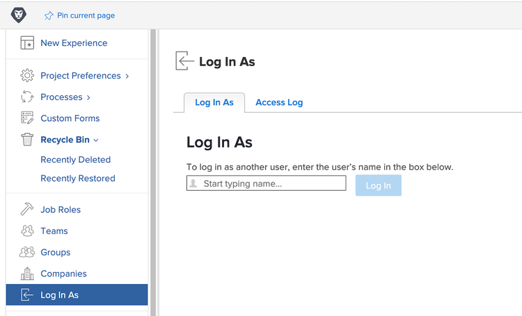 Log In As page in Setup area