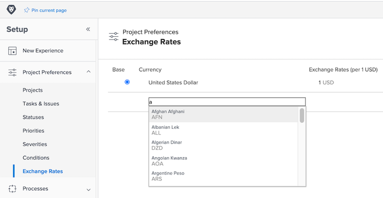 An image of adding a currency to the exchange rates list
