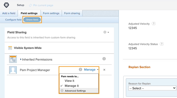 Share field subtab in the Field settings tab in the custom form builder