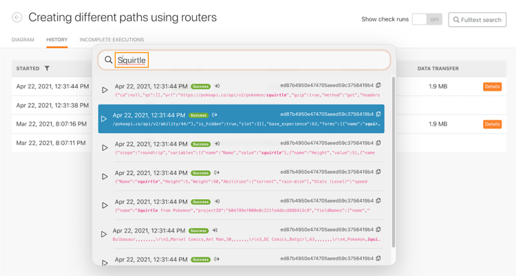 An image of an execution history search