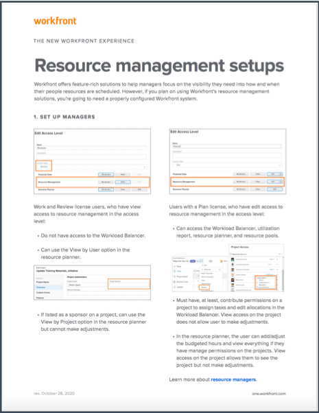 Resource management setups one pager