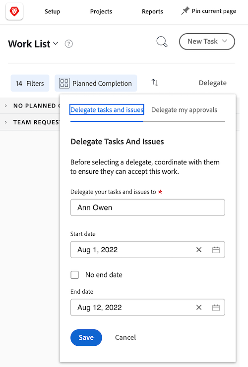 Screenshot showing the delegation tab in Home
