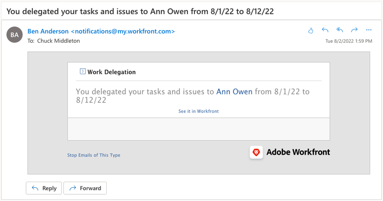 Screenshot showing a work delegation email