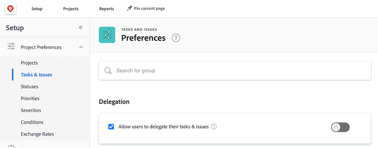 Screenshot showing Setup preferences for delegation