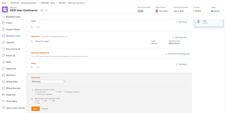 An image of the Scorecards section in the Business Case