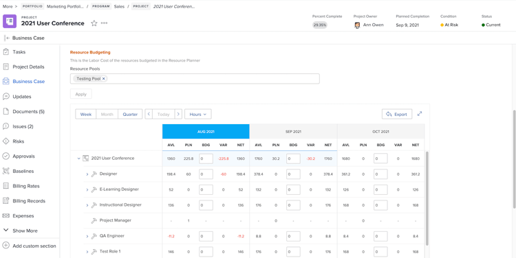 An image of the Resource Budgeting section in the Business Case