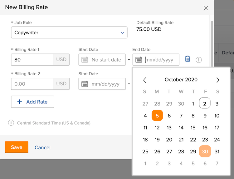 An image of creating a new billing rate that applies to a certain period of time, starting at the beginning of the project in Workfront