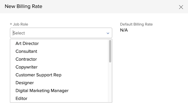 An image of selecting job roles in a new billing rate in Workfront
