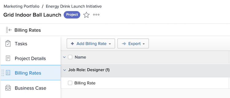 An image of selecting Billing Rates in Workfront