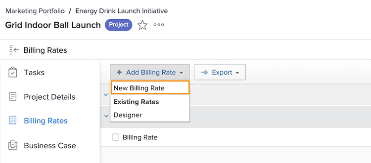 An image of selecting New Billing Rate in Workfront