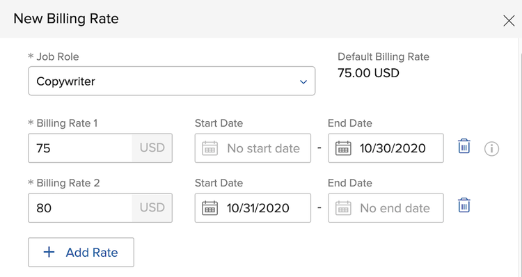An image of creating new billing rates that apply to the different time periods in Workfront