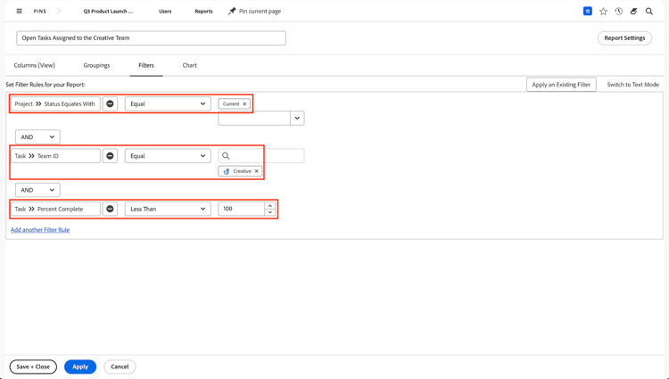 An image of the screen to create the open tasks report filters