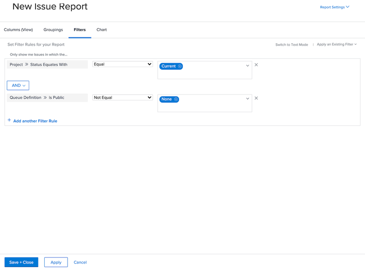 An image of the screen to create a new issue report filter