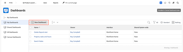 An image of the screen to create a dashboard