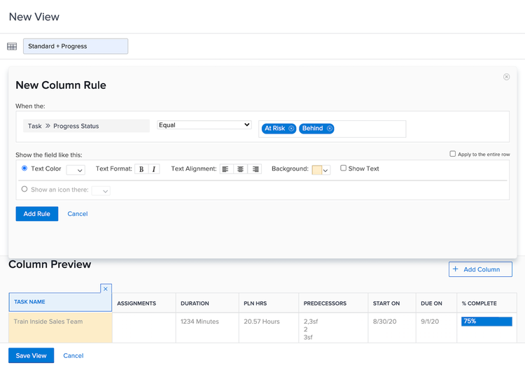 An image of the screen to create a new column rule