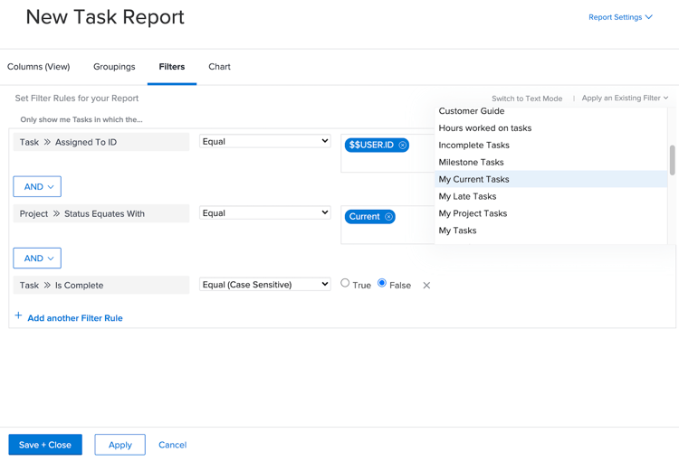 An image of the screen to create filters in a task report