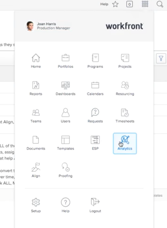 An image of finding the Analytics feature in the Workfront main menu