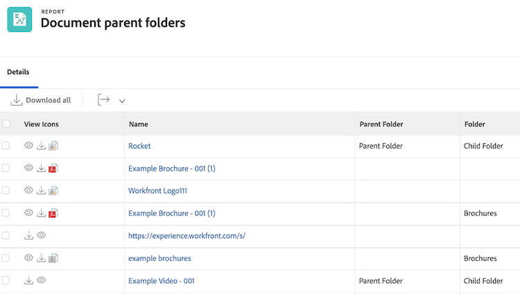 A screen image showing parent folder in a document report