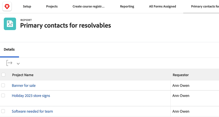 A screen image showing primary contacts for resolvables