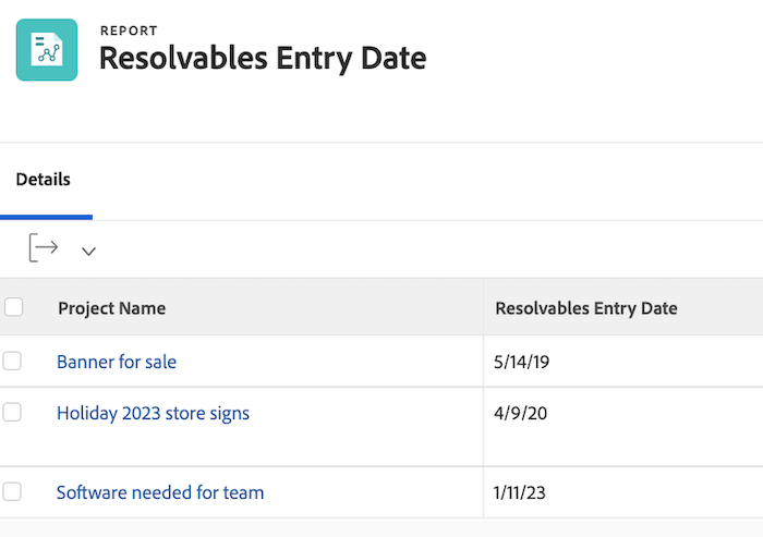 A screen image showing the entryDate of all resolvable issues for a project