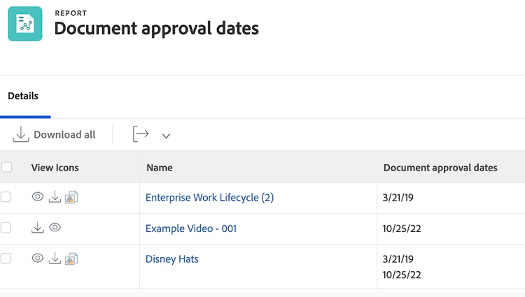 A screen image showing the document approval dates view