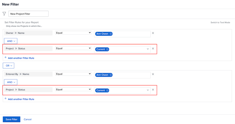 An image of creating a filter with OR statements in Workfront