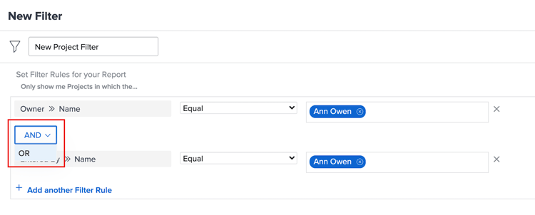 An image of creating a filter with OR statements in Workfront